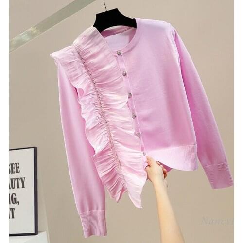 Knitwear Exquisite Rhinestone Single-Side Sweet Tridimensional Ruffled Cardigan Women 2021 Autumn New Single-Breasted Coat