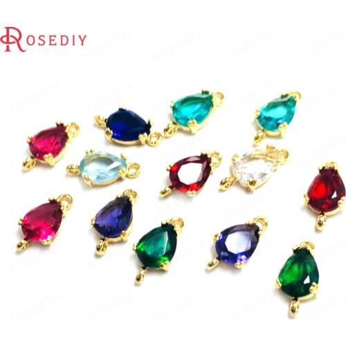 10PCS 6x8MM 24K Champagne Gold Color Brass and Glass 2 Holes Tear Drop Shape Charms Pendants Jewelry Making Supplies