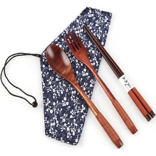 Portable Wood Tableware Spoon Fork Chopsticks Wooden Cutlery Sets Travel Dinnerware Suit Environmental With Cloth Pack Gifts Set