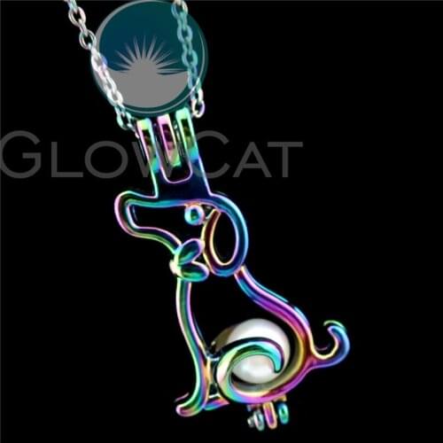 R-C807 Rainbow Colors Sitting Dog Beads Cage Pendant Perfume Diffuser Aromatherapy Oyster Pearl Cage Locket Necklace