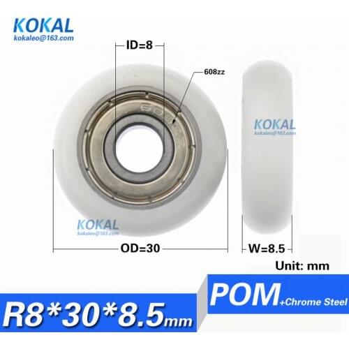 10PCS Free Shipping 608zz bearing coated POM cashbox roller shutter 8mm*30mm*8.5mm shower glass door wheel
