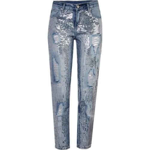 Sequins Ripped For Vintage Ankle Length Jeans Plus Size Women Denim Pants Female Pantalon Femme Trousers