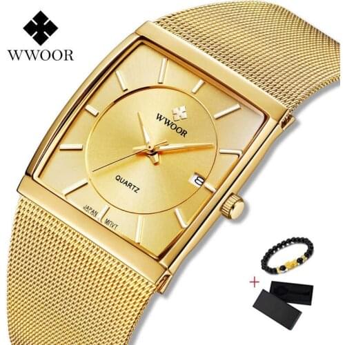WWOOR Luxury Japan Movement Gold Watch Men Square Ultra Thin Watch Man Quartz Steel Waterproof Mens Wristwatch relogio masculino