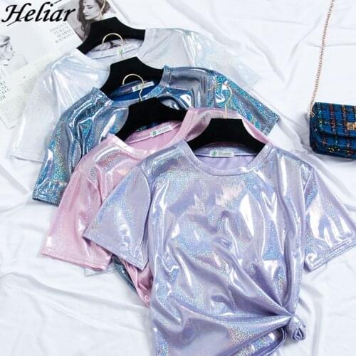 HELIAR 2019 Summer Women T-shirt 'O Neck Satin Light Glossy Cloth Ladys Sexy Night Club T-shirt Pleat Waist Short Sleeve Tshirt
