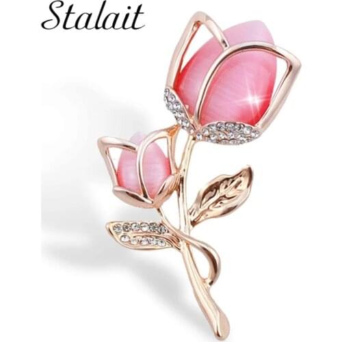 Pink Water Drop Moonstone Rose Flower Brooches Crystal Tulip Plant Fashion Corsage Brooch Clothing Accessories For Women Jewelry