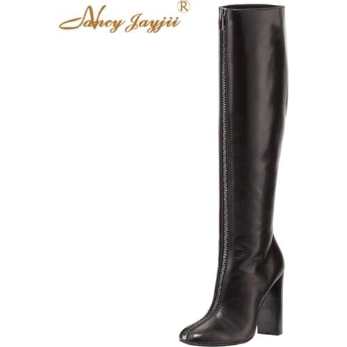 2021 Black Woman Boots Feminina Botas Mujer Knee-High Ladies Shoes Heels Block Front Zippers Big Size 45 43 Dress Party Winter