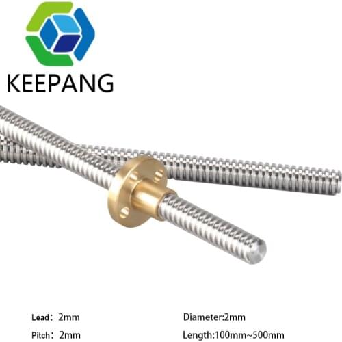 2Pcs CNC 3D Printer Trapezoidal Rod T8 Lead Screw 2mm Lead 2mm Pitch Screw 100mm~500mm Screws Copper Nut for 3D Printer Z Axis