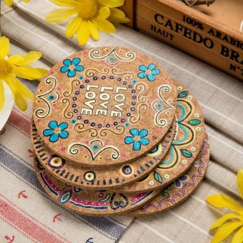 4Pcs Round Natural Cork Moisture Resistant Drink Coasters Cup Coasters Patterned Heat Insulation Mats Pot Holder Tea Trays