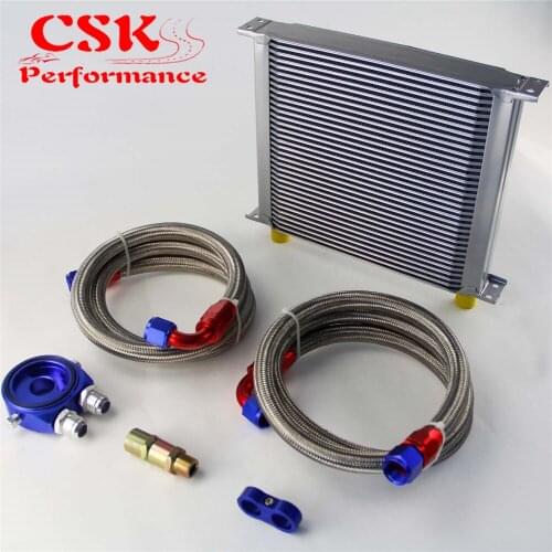 AN10 34Row 248mm Universal Engine Transmission Oil Cooler British Type + Aluminum Filter Hose End Kit Blue/Black