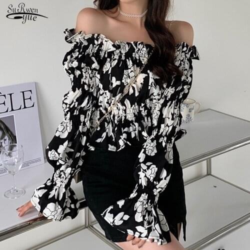 Early Autumn Fairy One-shoulder Women Blouse Short Loose Long Sleeve Top Women Floral Large Size Slim Female Shirt Blusas 16116