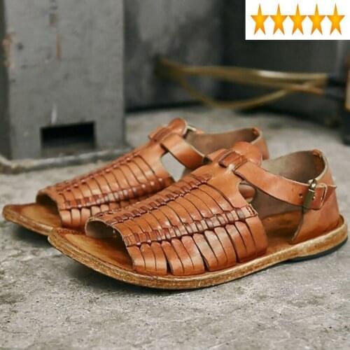 Handmade Weave Vintage Rome Men Luxury Genuine Leather Cowhide Sandals Summer Open Toe Buckle Flat Shoes Plus Size