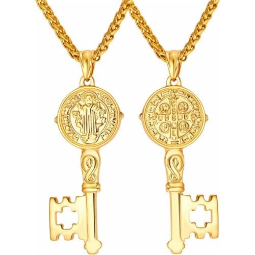 Saint Benedict Medal Key Charm Pendant Necklace Women Men Jewelry Stainless Steel Gold/Black Gun Plated Necklaces Pendants P121