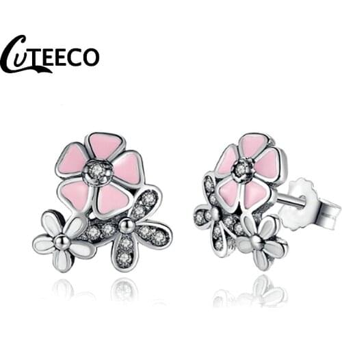 Cuteeco Cute Silver Color Pan Earrings Poetic Daisy Cherry Blossom Stud Earrings CZ Pink Flower For Women Wedding Earrings