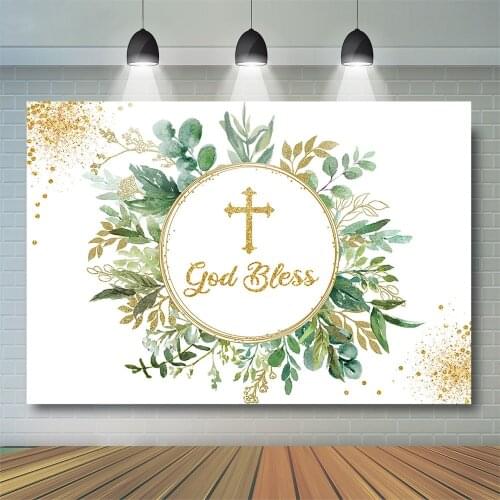 God Bless Backdrop First Holy Communion Baptism Baby Shower Background Leaves Flower Birthday Christening Banner Photostudio