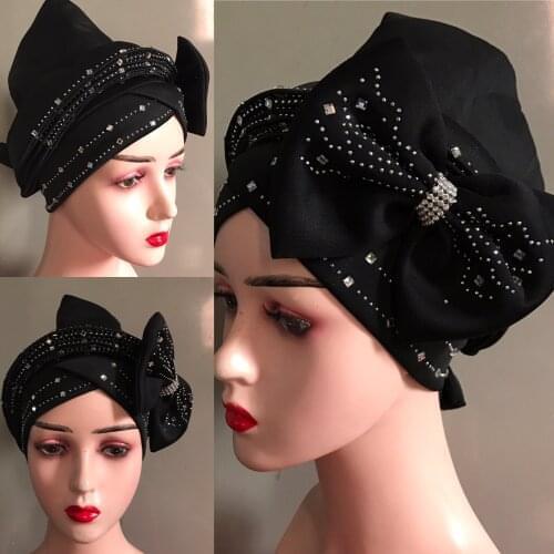 African Handmade Auto Gele With Big Flowers Hijab Inner Cap Already Made Stone Gele Cotton Turban Hats Headwrap Ladies Head Wear