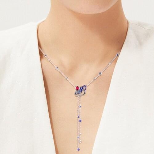 Blue Pink Fan Y-Necklace 925 Sterling Silver Jewelry Necklaces for Women Gift 2020 New N124