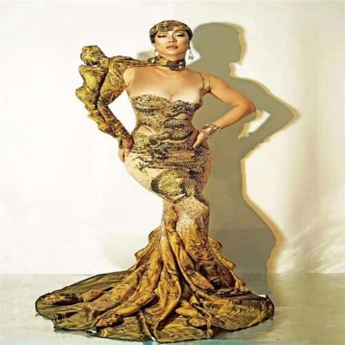 H168 Party Modern Fashion Jumpsuit Tight Nightclub Model Diamond Rhinestone Dragon Trailing Dress Costumes Ballroom Dancer Show