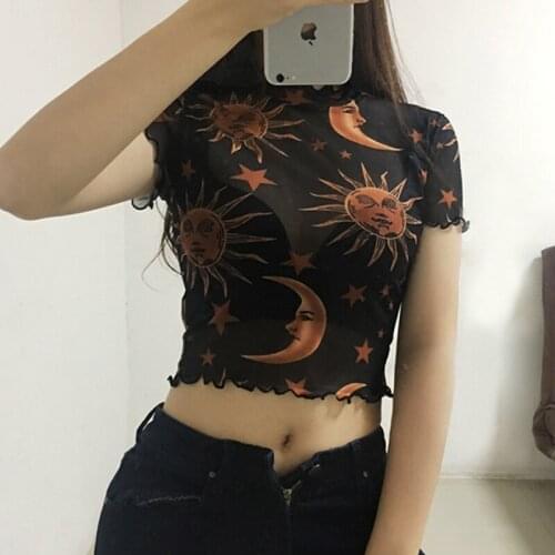 Hirigin Women Angel Mesh Printed T-Shirt For Women Tops Short Sleeve Summer Shirts Female Vintage Casual T Shirt Tops