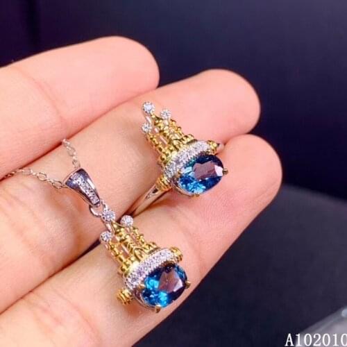 KJJEAXCMY fine jewelry 925 sterling silver inlaid natural blue topaz ring pendant noble girl suit support test