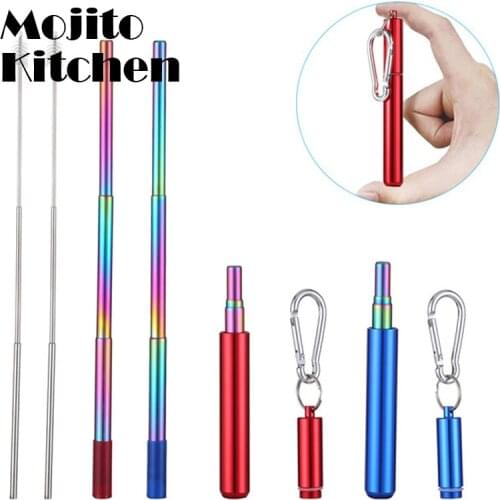 Reusable Stainless Steel Straws with Aluminum Keychain Case Cleaning Brush Collapsible Telescopic Portable Drinking Straws