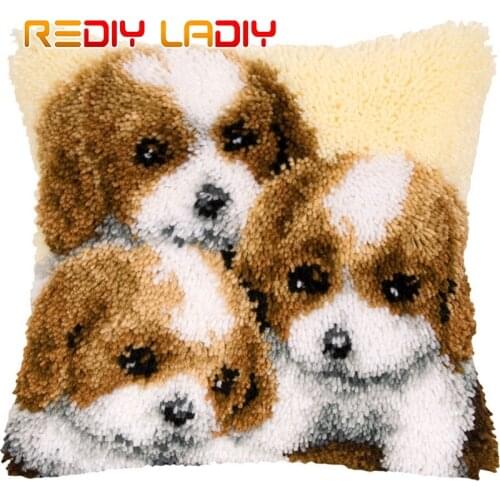 3D Latch Hook Pillow Kits Three Dog Brothers DIY Needlework Crocheting Rug Kits Yarn Handmade Unfinished Embroidery Pillowcase