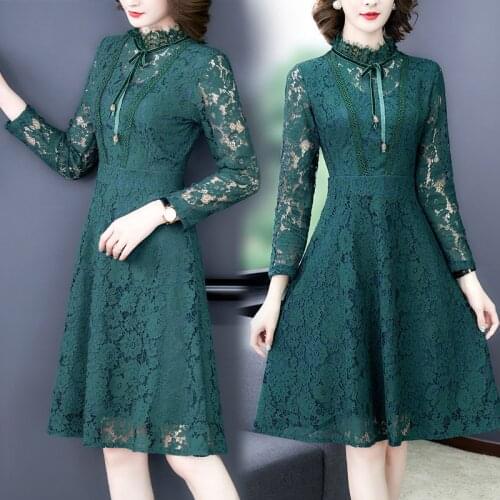 Autumn Winter Korean Green Lace Sexy Midi Dresses 2021 Vintage Casual 2XL Plus Size Dresses Women Elegant Bodycon Party Vestidos