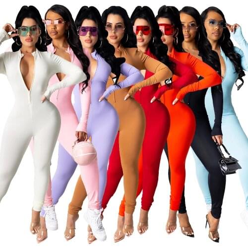 Fall clothes for Wome Solid Jumpsuit Women Long Sleeve One Piece Outfit V Neek Jumpsuits Female Fitness Zipper Bodycon Jumpsuits