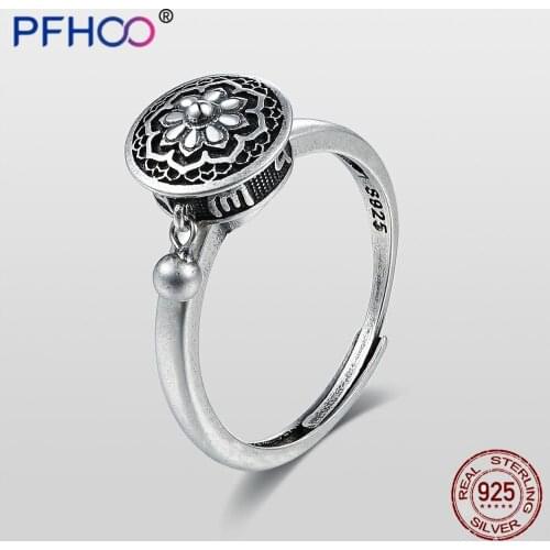 PFHOO Sterling Silver 925 Jewelry Religious Punk Vintage Rings For Women Personality Adjustable Prayer Wheel Luck Finger Ring