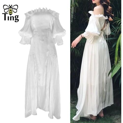Tingfly Boho Maxi Dress Slash Neck Ruffles Lace Up Open Back White Party Dress Casual Bohemian Long Dresses Vestidos Spring