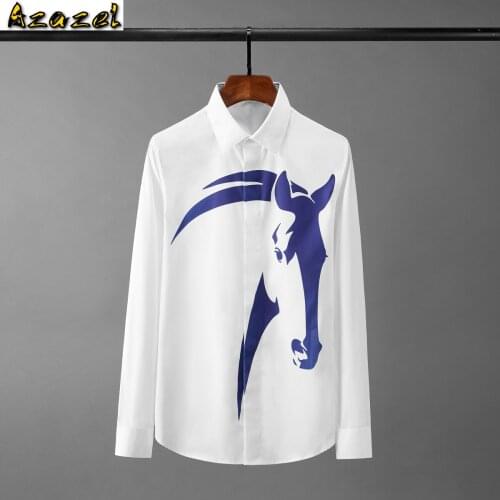 Azazel White Male Shirts High Quality Long Sleeve Horse Head Printed Mens Dress Shirts Slim Fit Casual Party Man Shirts 4XL