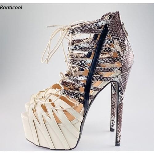 Ronticool Handmade Women 5 Cm Platform Sandals 17-18 Cm Sexy Thin High Heels Open Toe Pretty Apricot Party Shoes US Size 5-15