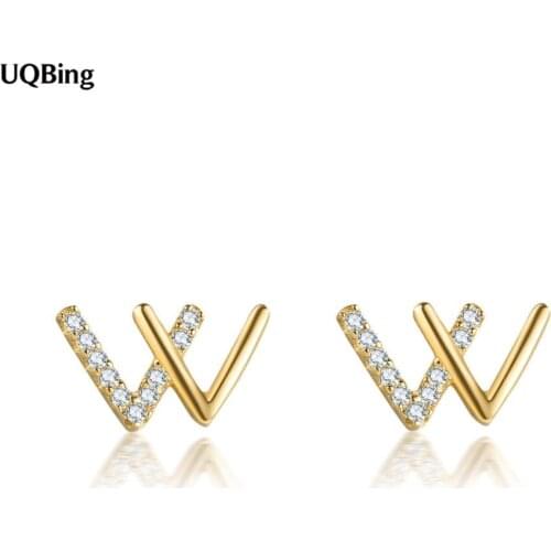 New Fashion 925 Sterling Silver Gold/ Silver W Letter Earrings Mini Zircon Crystal Female Stud Earrings Jewelry Birthday Gifts