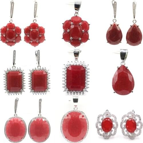40x21mm Big Jewelry Set 17.5g Oval 22x18mm Real Red Ruby Green Emerald CZ For Womans Dating Silver Pendant Earrings