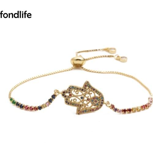 Multicolor Mixed Cubic Zirconia Crystal Hamsa Hand Of Fatima Bracelet Women 2021 New Fashion Hot Sale Gold-plated Jewelry Gift