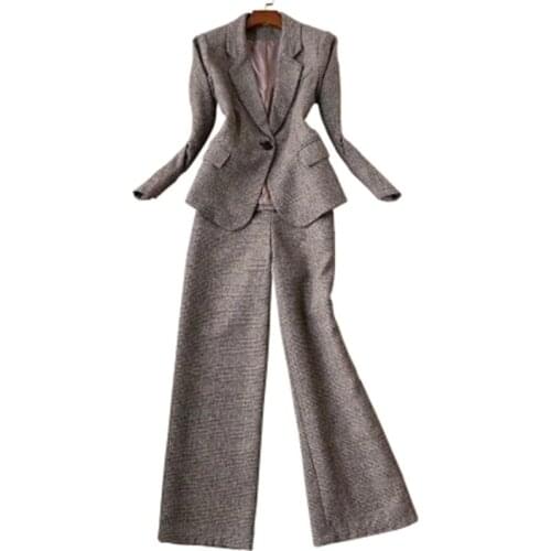 Autumn and winter New Korean version of the ladies long-sleeved woolen plaid suit + wide-leg pants suit two-piece Suits Women