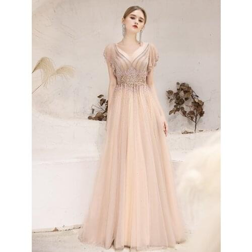 V-neck Golden Long Luxury Host Dress Partydresses For girls gowns with diamond Handmade For Wedding Graduation