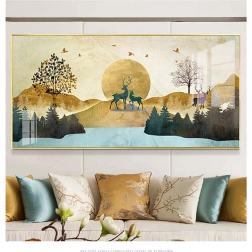 Golden trees deer flower elk moon Chinese Style Modern Decorative Pictures Wall art Paintings for porch Living Room office decor