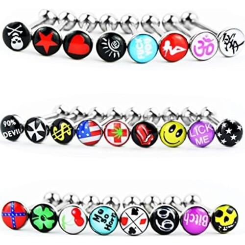 1/2/5/10PCS Stainless Steel Logo Tongue Piercing Lot 14G Sexy Pattern Tongue Piercing Ring Set Nipple Piercing Bar Bulk Jewelry