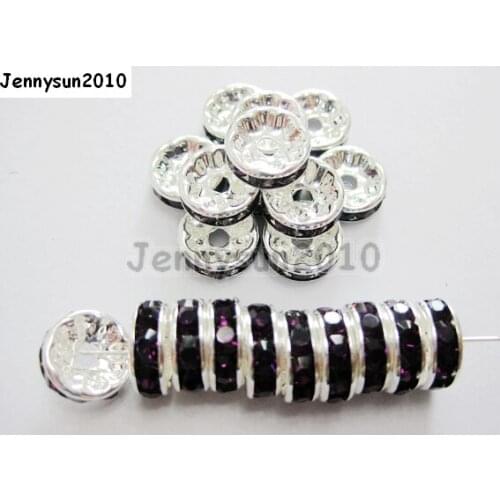200pcs/lot 10mm Top Quality Czech Crystal Ame-thyst Rhinestone Pave Rondelle Metal Silver Plated Spacer Loose Beads Jewelry