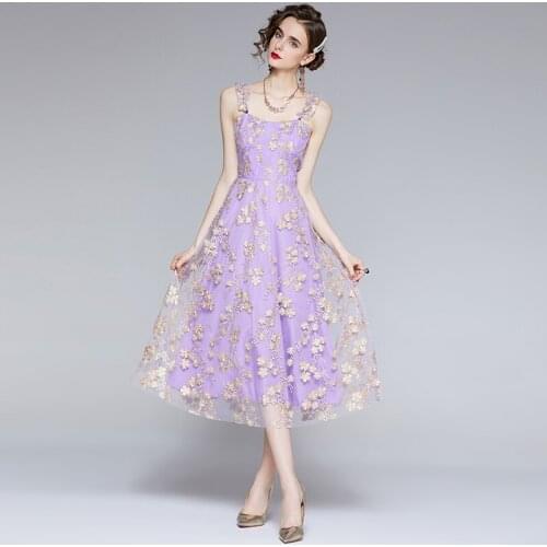 2021 New Summer Elegant Flower Embroidery Purple Mesh Dresses Women Sexy Spaghetti Strap Backless Party Dress