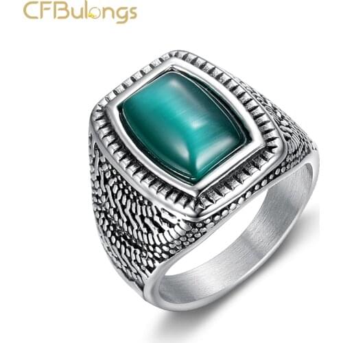 CFBulongs Retro New Ancient Silver Color Mens Ring Green Big Zircon Fashion Charm Jewelry Wedding Gift