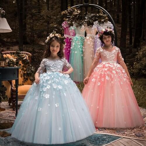 3D Flower Girls Dress for Wedding Children Birthday Party Dresses for Girls Pageant Gown Long Sleeves First Communion Dress