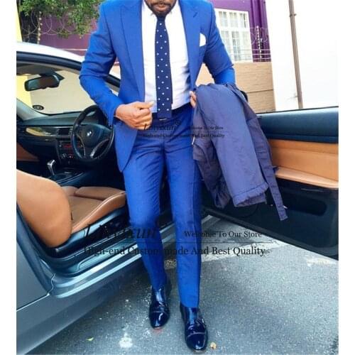 Business Casual Royal Blue Mens Suits Slim Fit Notch Lapel Groom Prom Tuxedos Groomsmen Blazer Wedding 2 Piece (Jacket+Pant)