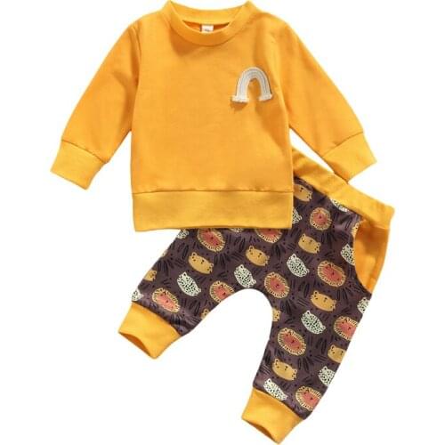 Imcute Baby Girls Boys Spring Fall 2Pcs Set, Solid Color Long Sleeve O-Neck Pullover Top Cartoon Print Pants for Kids 0-24Months