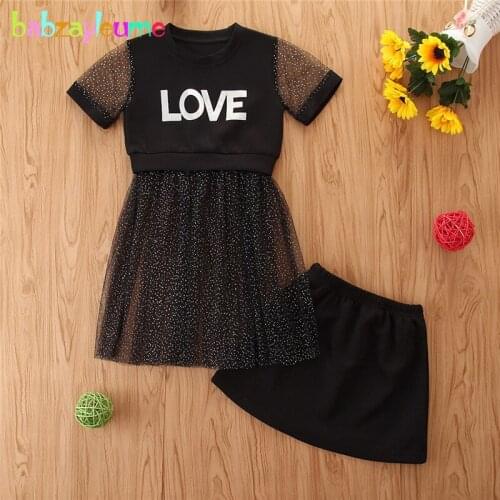 Kids Summer Clothes Toddler Girls Outfits Fashion Letter Lace Short Sleeve Baby T-shirt Tops+Skirt Children Clothing Sets 1930