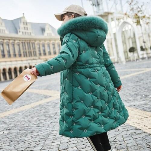 10 12 years Girls Embroidery Elegant Down Jackets Brand Big Fur Hoodie Thicken Warm Long Coat Teen Girls Outerwear