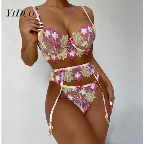 YiDuo Floral Embroidery Sexy Lingerie Underwear Set Women 3 Piece Set Lenceria Sensual Mujer Erotic Mesh Lingerie Brief Sets