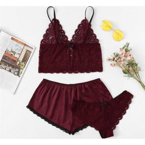 Summer Women Pajamas Sets Hollow Out Lace Perspective Sexy Lingerie Camisole Briefs Shorts Sleepwear Suit