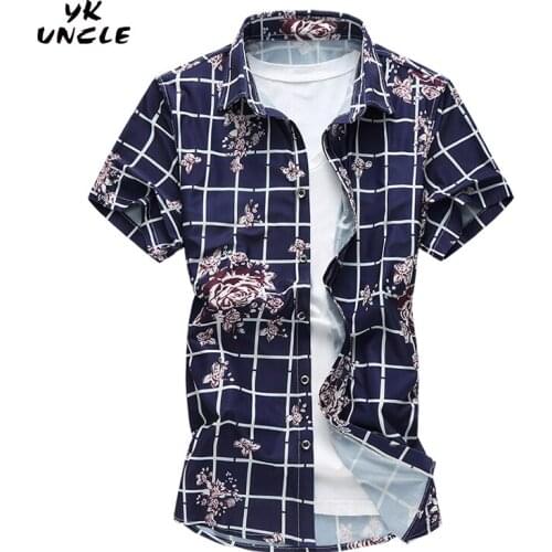 YK UNCLE Brand Summer Short Sleeved Shirt Fashion Fat Plaid Floral Shirt Thin Elastic Mercerized Cotton Male Large Size M-7XL