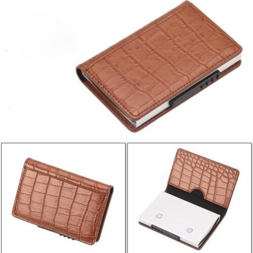 Men RFID Wallet Blocking Vintage Automatic Leather Credit Card Holder Aluminum Metal Business ID Multifunction Cardholder Wallet